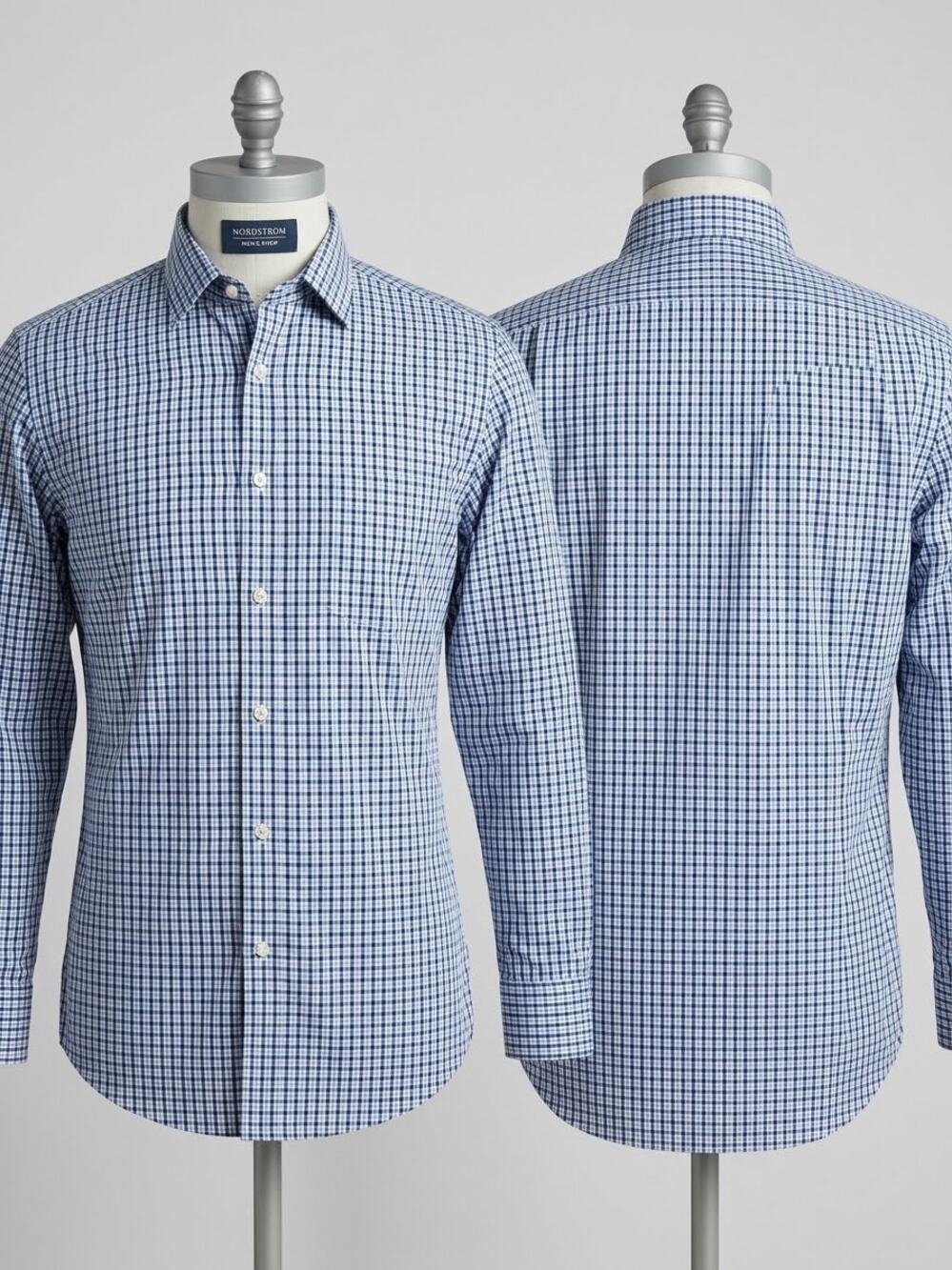 Nordstrom Men's Shop Smartcare Dress Shirt Traditional Fit Blue Check 100%Cotton